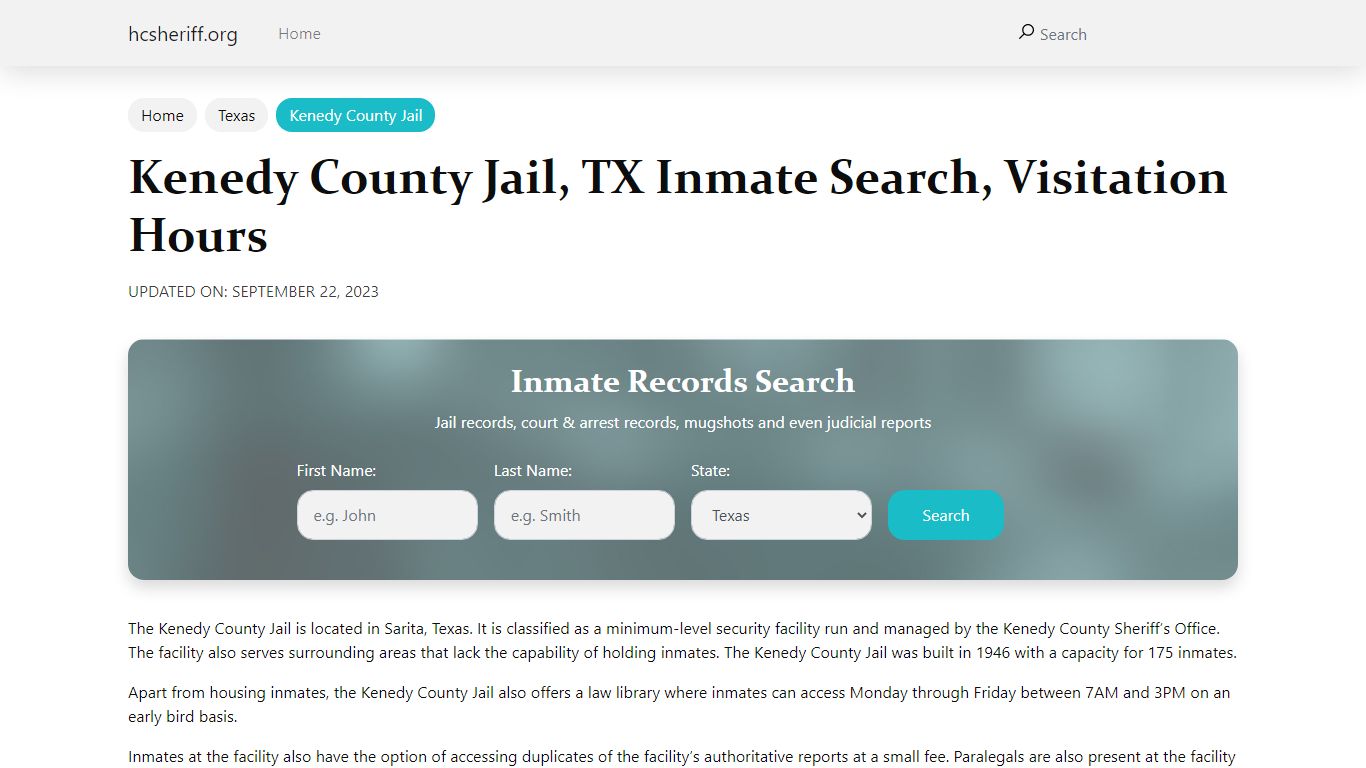 Kenedy County Jail, TX Inmate Search, Visitation Hours